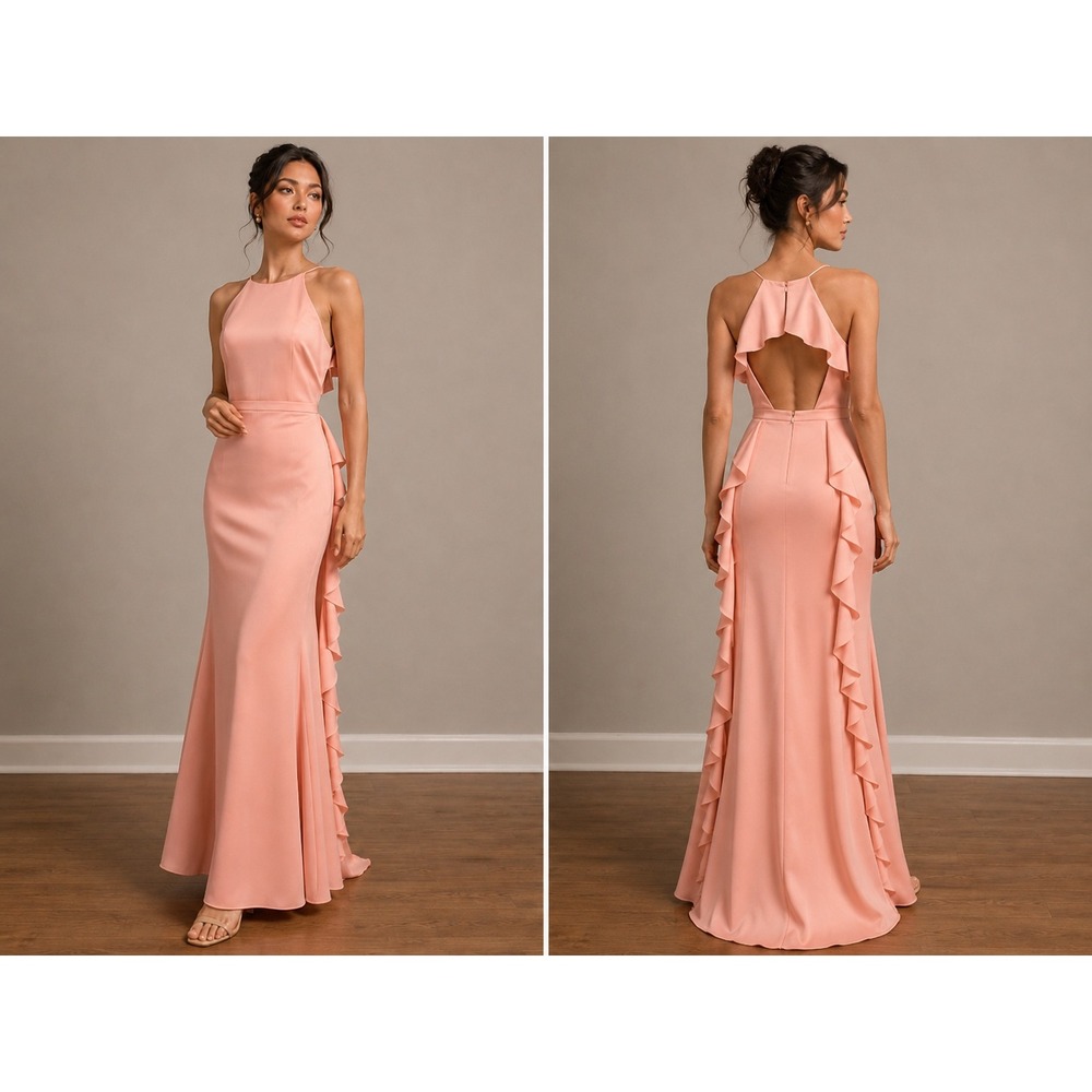 Laundry by Shelli Segal Peach Blush Ruffle Open Back Halter Gown Dress Size 2